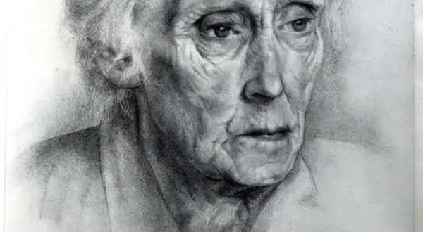 Gedetailleerde potloodtekening van een oudere man, Aart van Dobbenburgh, met diepe rimpels en een peinzende blik.