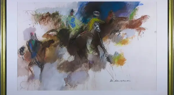 Abstracte paarden en ruiters in beweging, gesigneerd door Jan Peter van Opheusden. Kleurrijk en dynamisch pastelwerk.