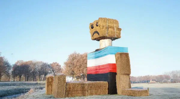 Een vrolijke, met stro gebouwde figuur met een verdrietig gezichtje, een kunstwerk van Henk Wildschut, staat in een winterse wei.
