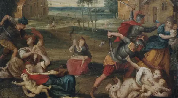 De kindermoord van Bethlehem: soldaten vallen moeders aan en grijpen baby's. Een gruwelijk tafereel.