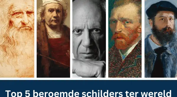 Portretten van bekende kunstenaars: Leonardo da Vinci, Rembrandt, Picasso, Van Gogh en Monet. Een eerbetoon aan meesters van de schilderkunst.