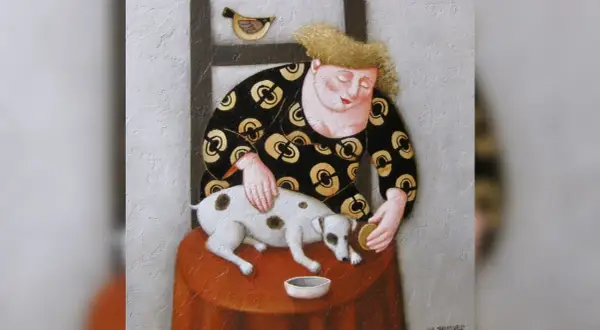 Een vrouw met een vrolijk patroon op haar jurk aait een hondje. Een vogel kijkt toe. Ada Breedveld.