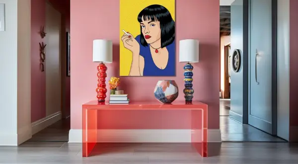 Pop art kenmerken: een vrouw met sigaret, felgekleurde meubels en een grafische print.