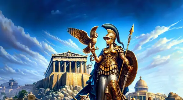 Griekse godin, geboren uit het hoofd van Zeus, met een uil op haar arm, staat voor een tempel.