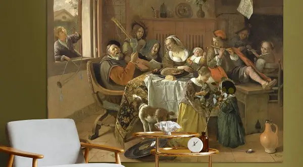 Het vrolijke huisgezin geniet van muziek en gezelligheid rond de tafel. Een kind speelt buiten, terwijl binnen de muziek klinkt.