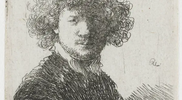 Een ruw, gedetailleerd Rembrandt zelfportret met krullend haar en een schaduw over het gezicht. De kunstenaar kijkt peinzend.