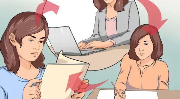 Portfolio afbeelding: Drie vrouwen werken aan hun taken. Eén leest een document, één typt op een laptop en één schrijft. Rode pijlen suggereren een cyclus van werk.