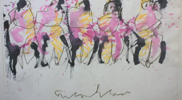 Abstracte figuren in roze en geel, met zwarte en paarse accenten. Een kenmerkende handtekening van Anton Heiboer onderaan.