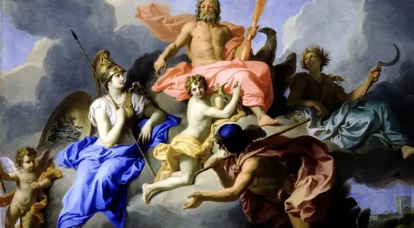 Een hemelse bijeenkomst met bekende griekse goden namen: Zeus, Athena, Apollo, Hermes en meer, zwevend op wolken.