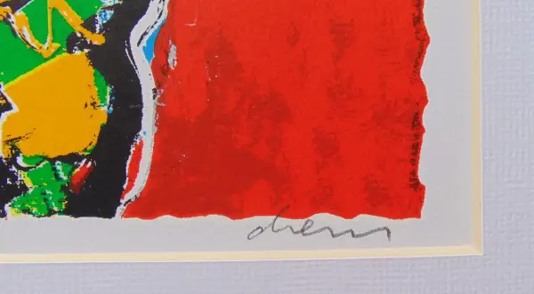 Abstracte kleuren met een rode achtergrond en een handtekening van Peter Diem.
