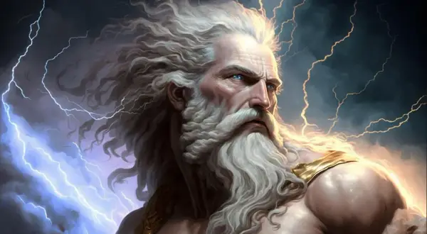 De griekse oppergod Zeus, met wapperend wit haar en baard, omringd door bliksem. Zijn blauwe ogen kijken intens.