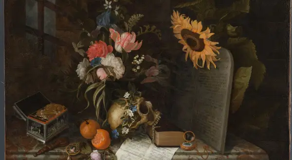 Vanitas still life with flowers, skull, open box of coins, oranges, and a book with Hebrew text.