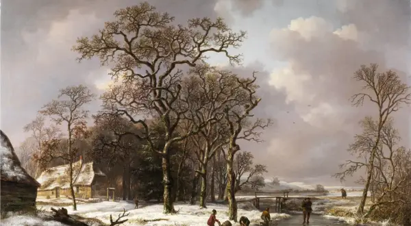 A Dutch winter landscape with people skating on a frozen canal, a thatched cottage, and bare trees under a cloudy sky.
