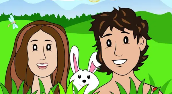 Adam en Eva, met een konijn en lieveheersbeestje, in een paradijselijke tuin.