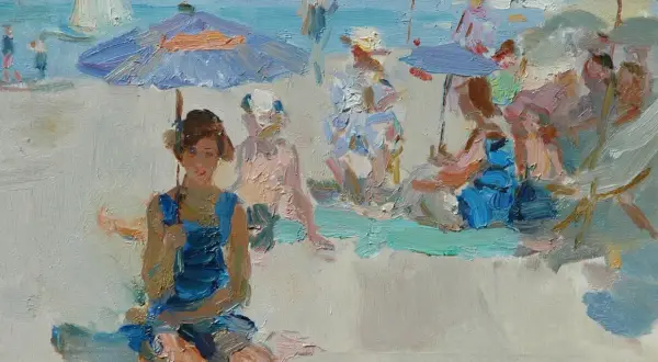 Een levendige impressie van een zonnige dag op het strand, met mensen onder parasols. Dit is een typisch Isaac Israels strandtafereel.