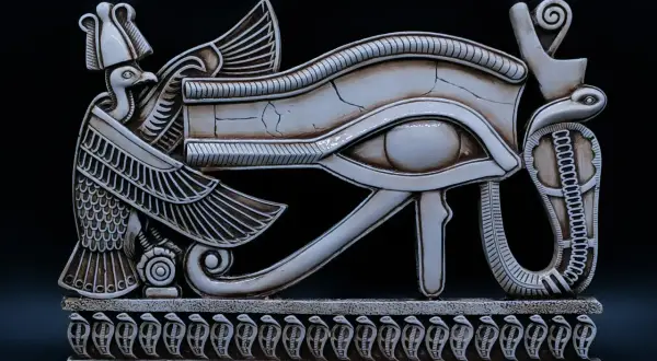 Een gedetailleerd beeld van het Oog van Horus, een symbool uit de Egyptische mythologie, met een vogelkop en slangen. Dit is een prachtig voorbeeld van oude bijbelse kunst.