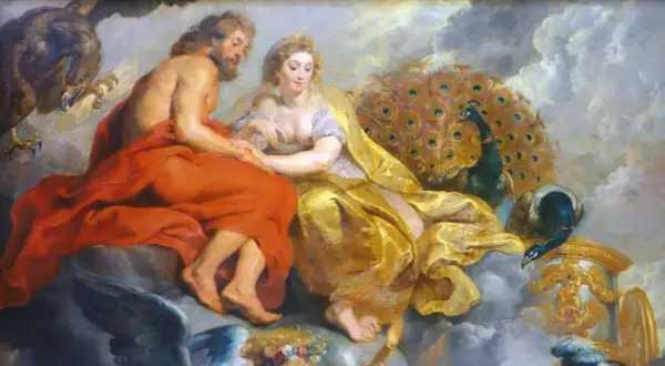 Zeus en Hera, de koning en koningin van de goden, omringd door pauwen en een adelaar. Hera is de vrouw van Zeus.