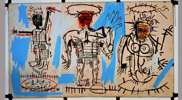 Drie figuren, op schaal, met primitieve lijnen en felle kleuren. Een Basquiat-achtig werk dat de menselijke vorm op een rauwe manier weergeeft.