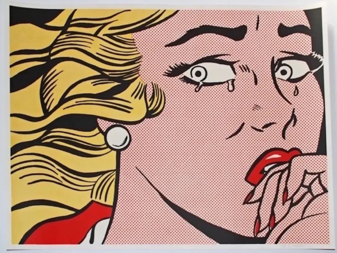 Een huilende vrouw in popart-stijl, kenmerkend voor de stijl van popart kunstenaars. Haar blonde haar wappert, met rode lippen en tranen in haar ogen.