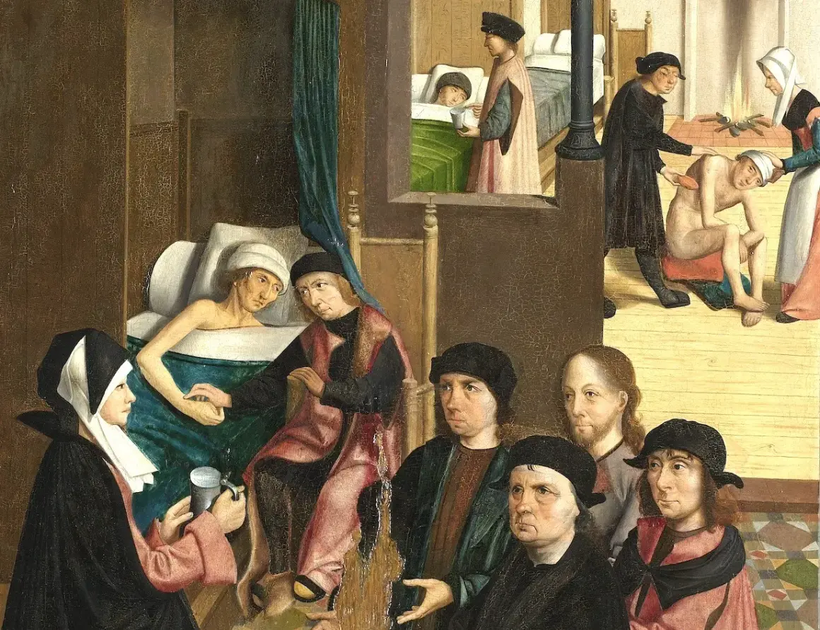Een tafereel van de zeven werken van barmhartigheid: zieken verzorgen, doden begraven en de armen voeden.