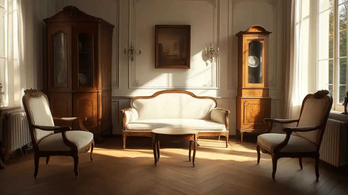 Een salon in biedermeier stijl met een bank, twee stoelen, een salontafel en kasten.