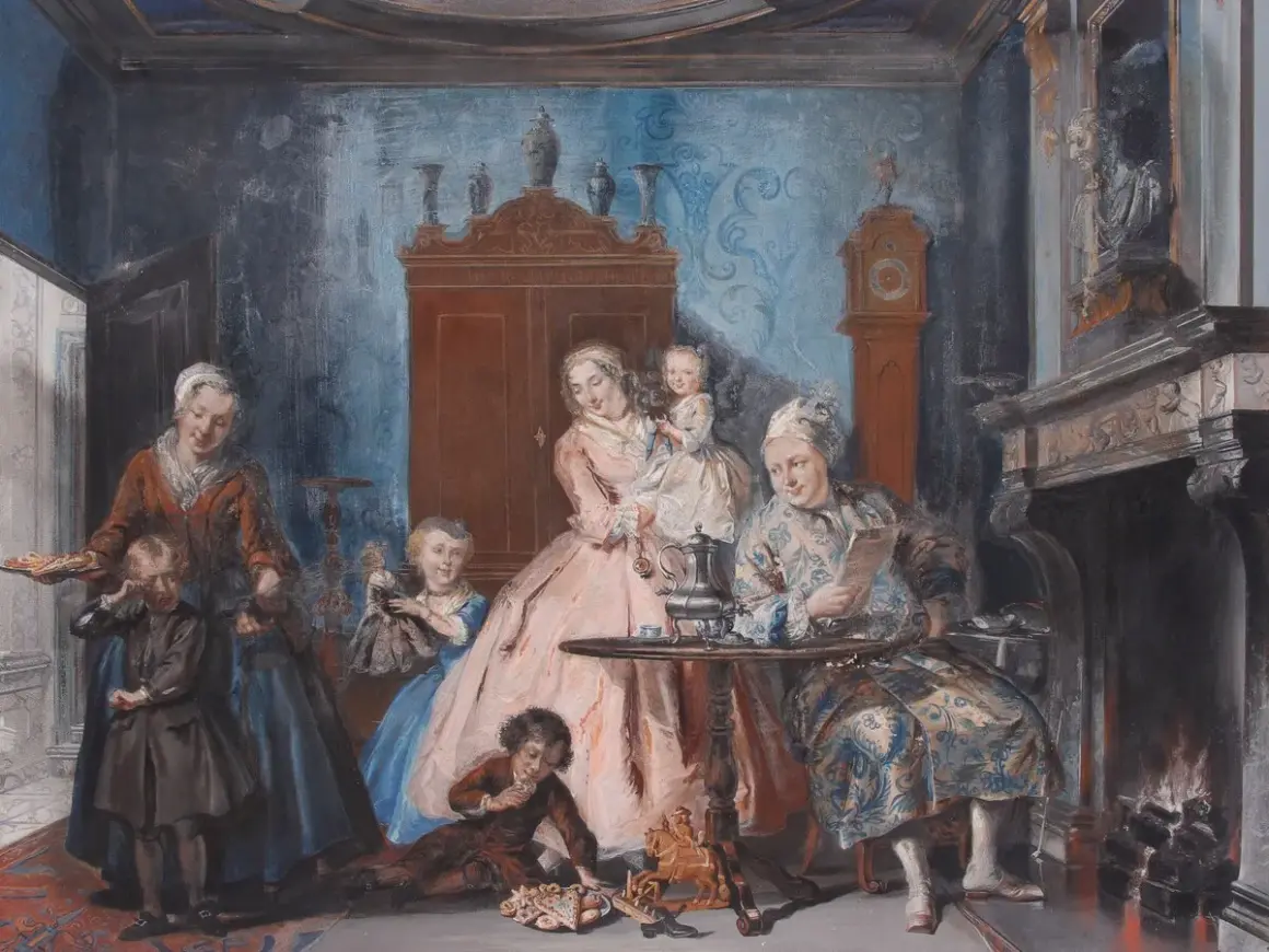 Een tafereel van Cornelis Troost: een gezin geniet van een gezellige middag met koekjes en thee, terwijl de haard knispert.