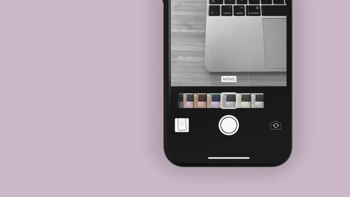 iPhone camera-app to make a foto zwart wit. De 'Mono' filter is geselecteerd.