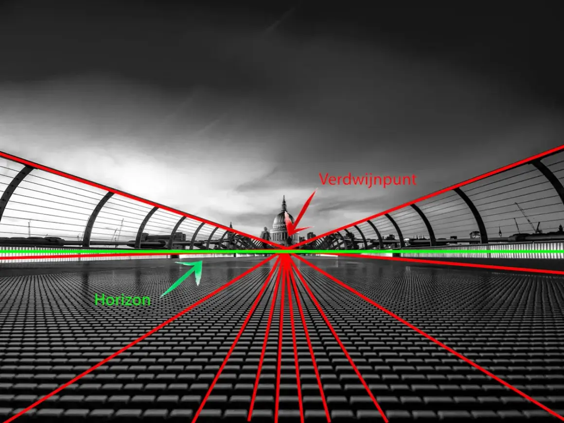 Een brug met een **diagonaal compositie** en lijnen die naar het verdwijnpunt leiden. De horizon is gemarkeerd.