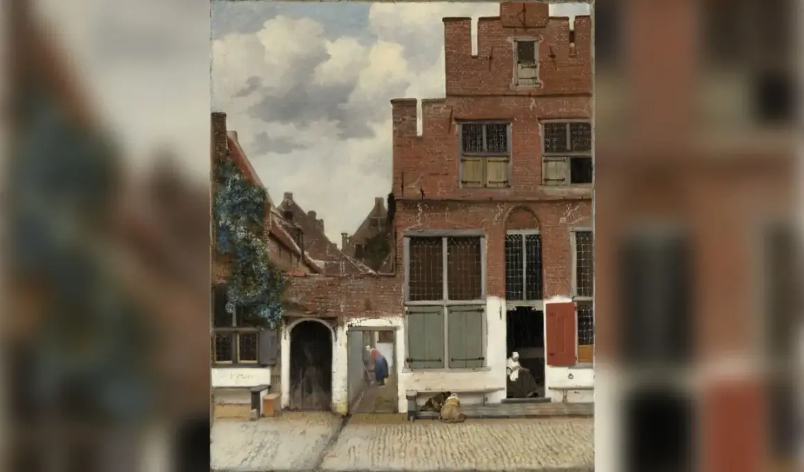 Het straatje van Vermeer toont een rustige Delftse straat met bakstenen huizen, vrouwen bij de deuropening en een hondje.