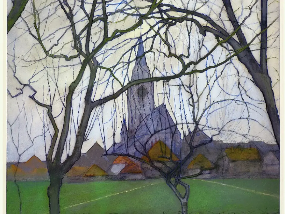 Een schilderachtig **dutch landscape** met een kerk en huizen, omlijst door kale takken.