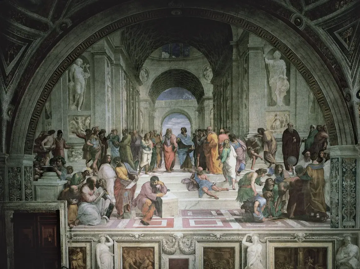 De School van Athene: een fresco met filosofen in een klassieke architectuur. Plato en Aristoteles staan centraal, omringd door denkers.