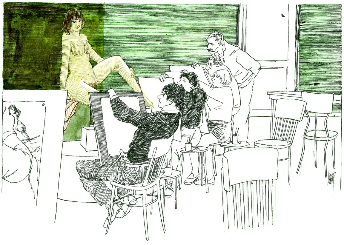 Een kunstklas tekent een naaktmodel. De sfeer is serieus, maar de pose van het model kan als erotische prenten worden beschouwd.