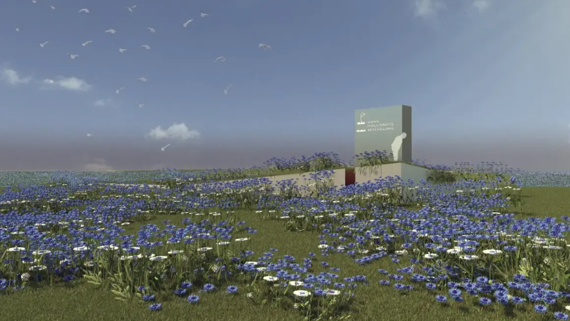 Een bloeiend landschap met een waterval, omringd door blauwe korenbloemen en witte margrieten. Vogels vliegen in de lucht.
