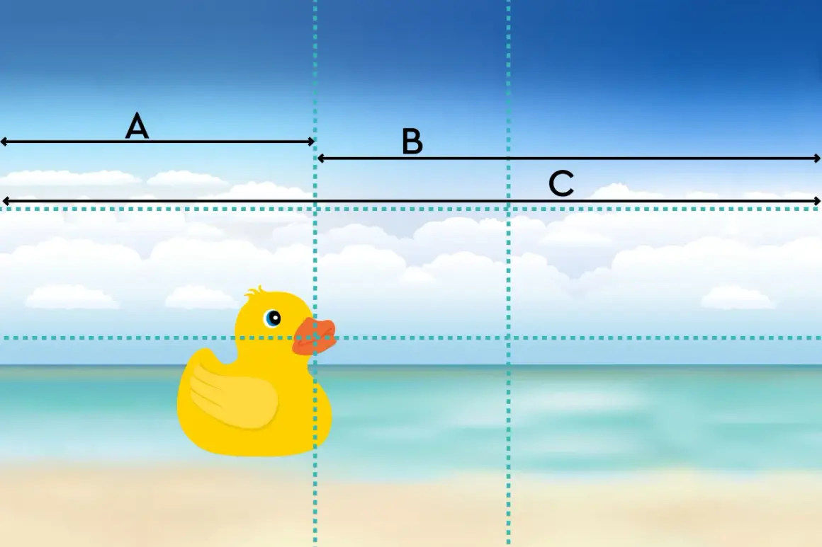 Een badeend op het strand, met lijnen die de gulden snede verhouding illustreren.