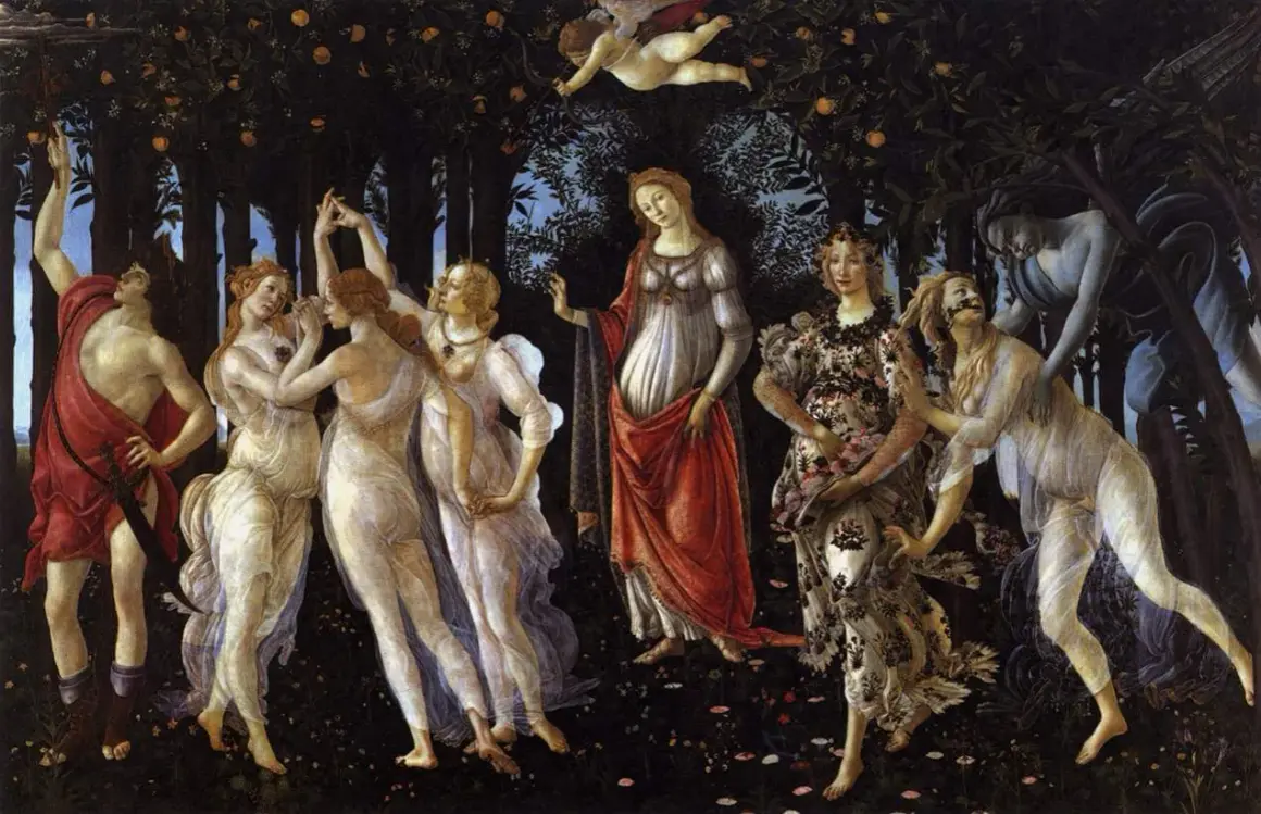 Een prachtig staaltje Italiaanse kunst: nimfen dansen in een bos, terwijl Cupido pijlen schiet.