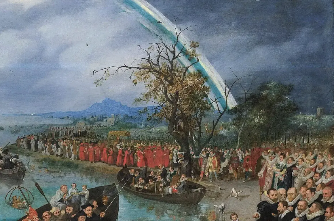 Een processie van geestelijken en leken, sommigen in boten, langs een waterkant, onder een regenboog. Een scène die doet denken aan de zielenvisserij.