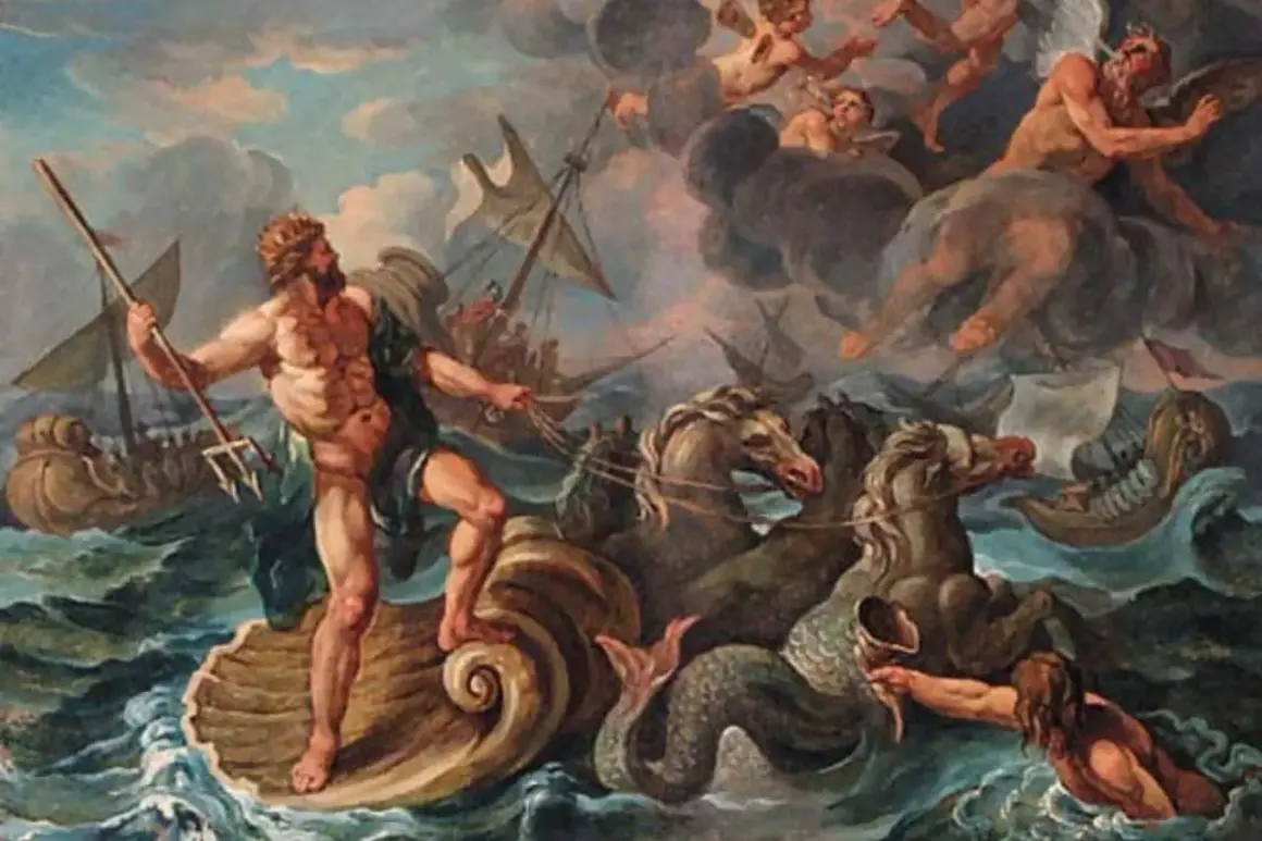 De Griekse god Neptunus rijdt op een schelp, getrokken door paarden met vissenstaarten. Schepen en putti in de lucht.