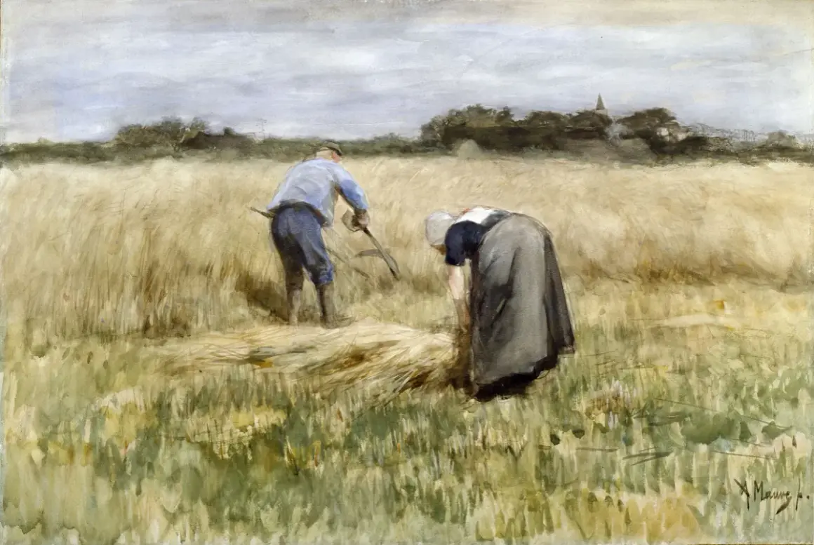 Een boer en boerin oogsten graan, een typisch tafereel van de Haagse School. De zon schijnt op het gouden veld.