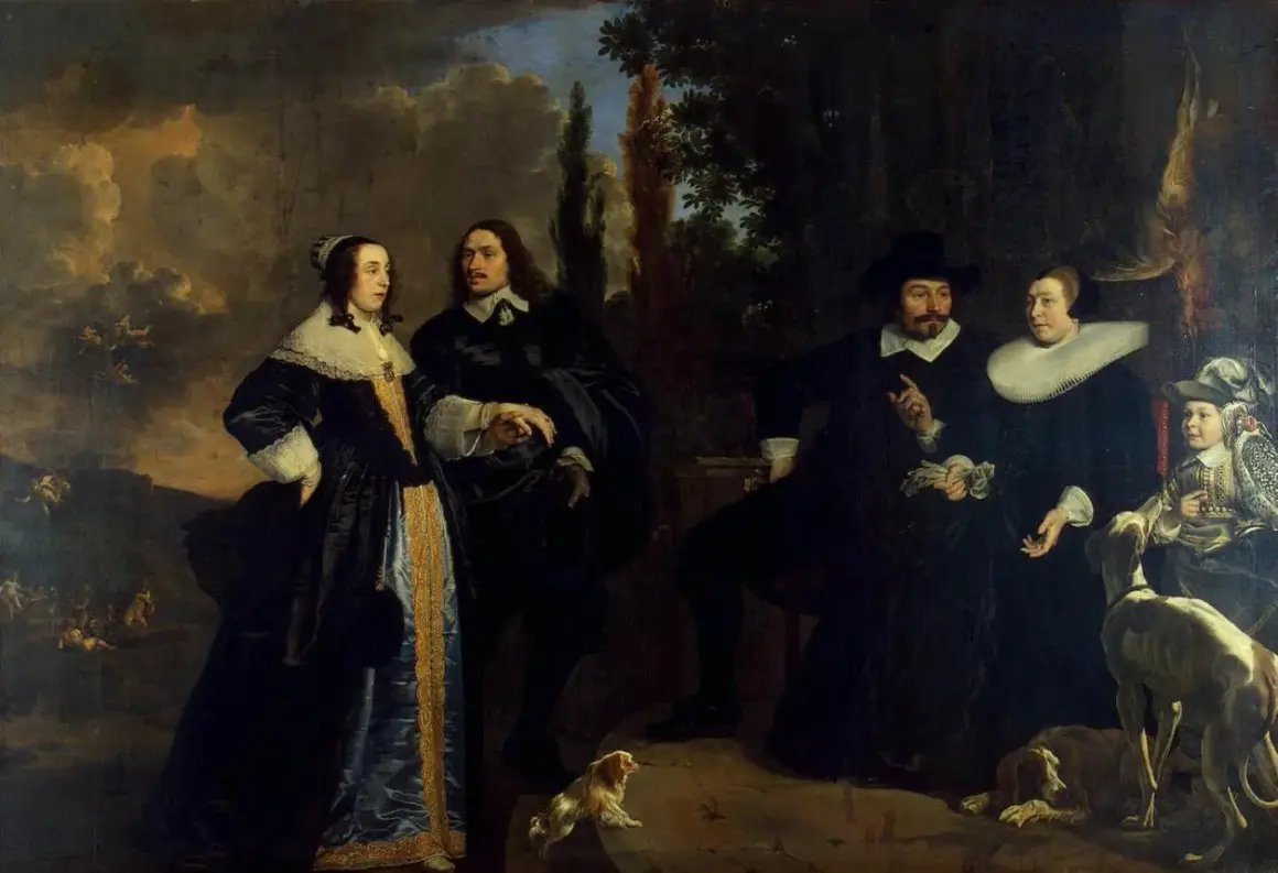 A group portrait of a family with two dogs and a child, painted in a dark, dramatic style.
