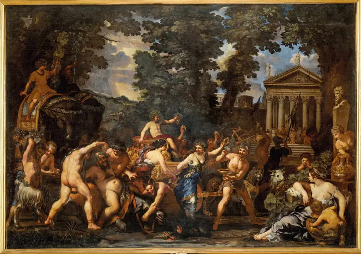 Bacchus, de griekse god van de wijn, viert feest met nimfen en saters. Een triomftocht vol plezier en overvloed.