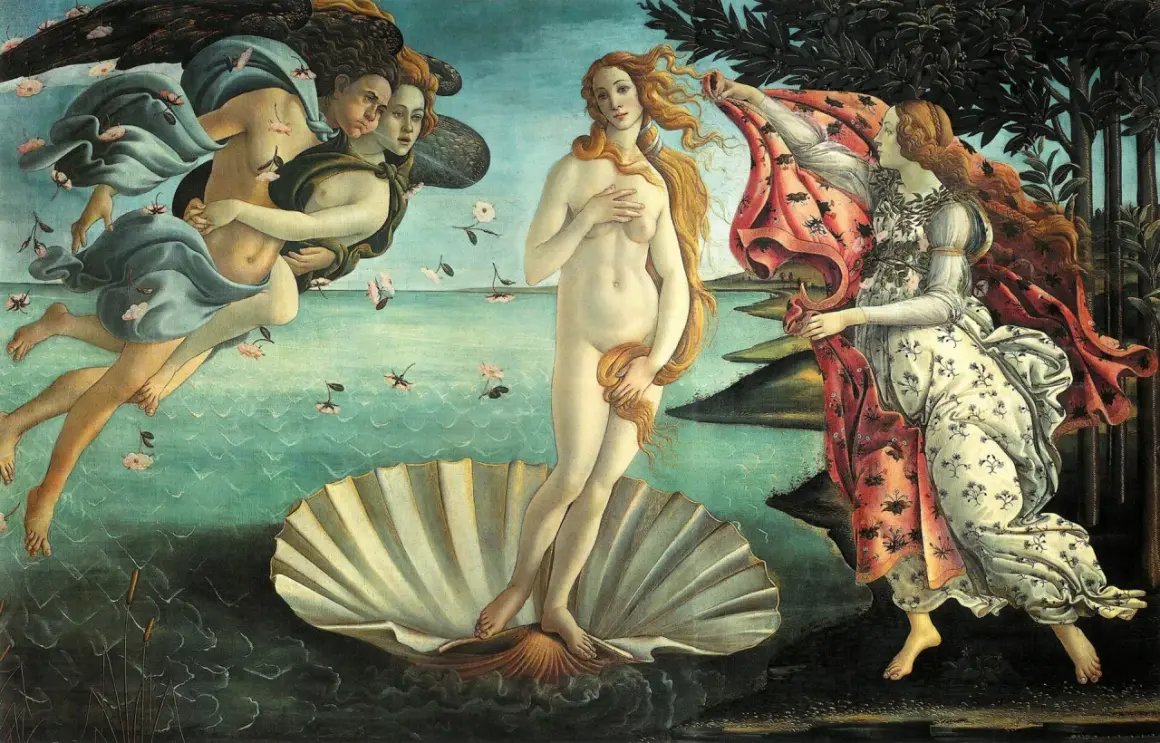 Venus op de schelp, een iconisch werk van renaissance kunst. Ze wordt aangeblazen door de windgoden en verwelkomd door een nimf.