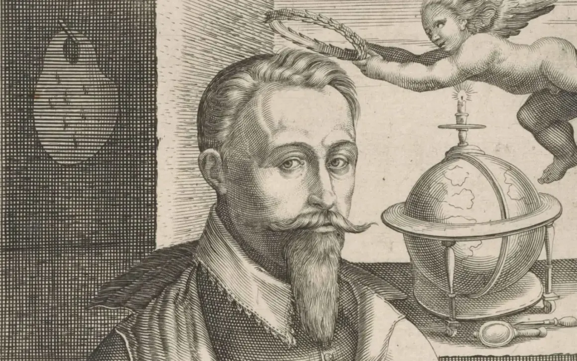 Hendrick Goltzius, een man met een sik, kijkt ernstig. Een putto met een lauwerkrans boven een aardbol met een brandende kaars.