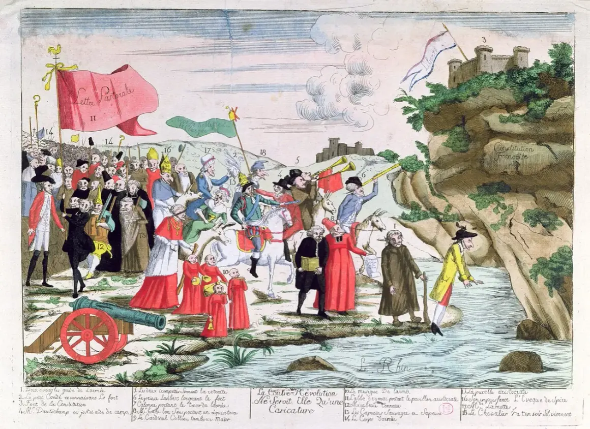 Spotprent Franse Revolutie: geestelijken en edelen vluchten voor de revolutie, terwijl de constitutie op een rots staat.
