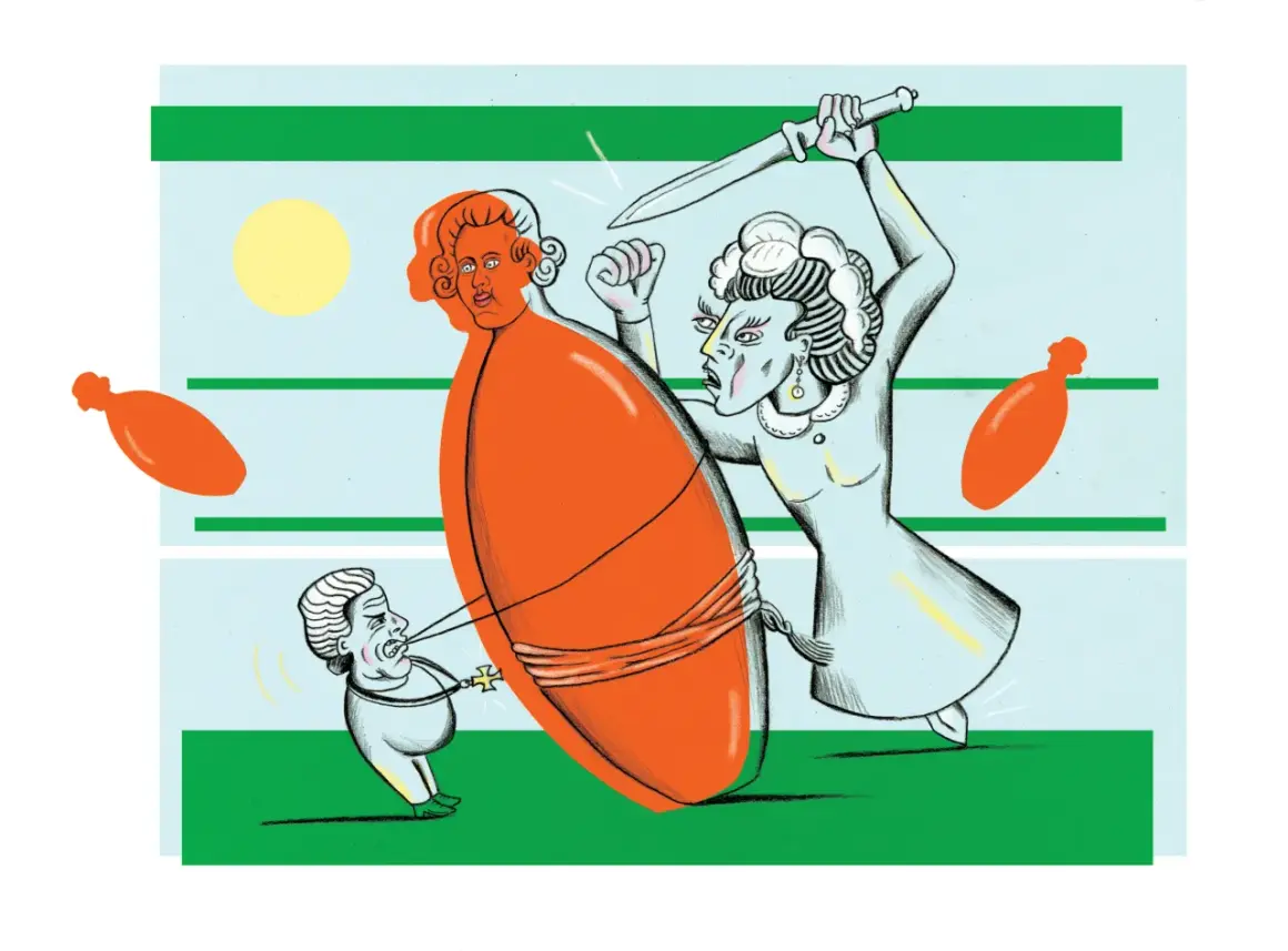 Spotprent Willem V: een vrouw met zwaard dreigt een oranje figuur, terwijl een klein mannetje aan een touw trekt.