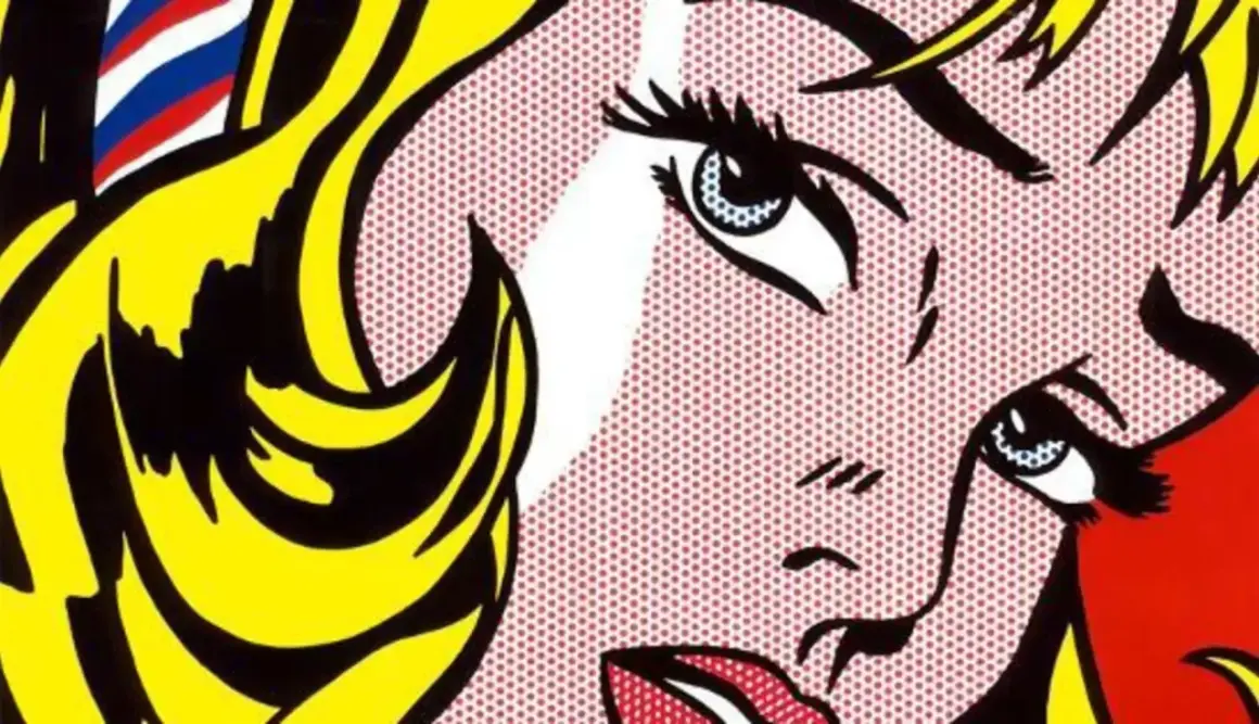 Close-up van een vrouwengezicht in pop-artstijl. Deze Amerikaanse popartkunstenaar liet zich inspireren door cartoons, wat te zien is aan de strakke lijnen en stippen.