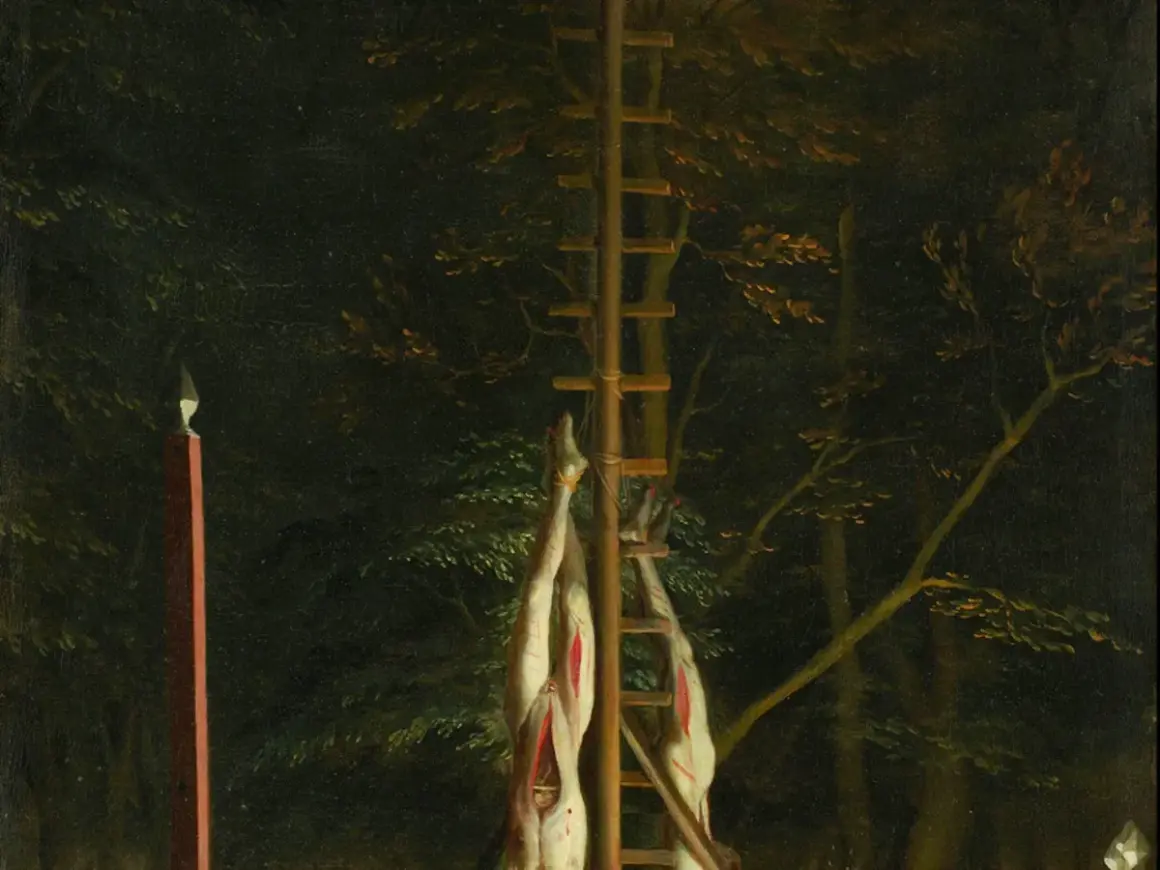 Gruwelijk gebroeders de witt schilderij toont twee opgehangen lichamen in een bos, met een ladder en een paal met een punt.