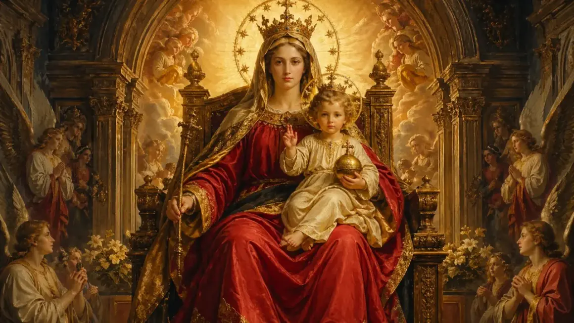 Maria met kind Jezus op de troon, omringd door engelen. Een koninklijke, hemelse scène.