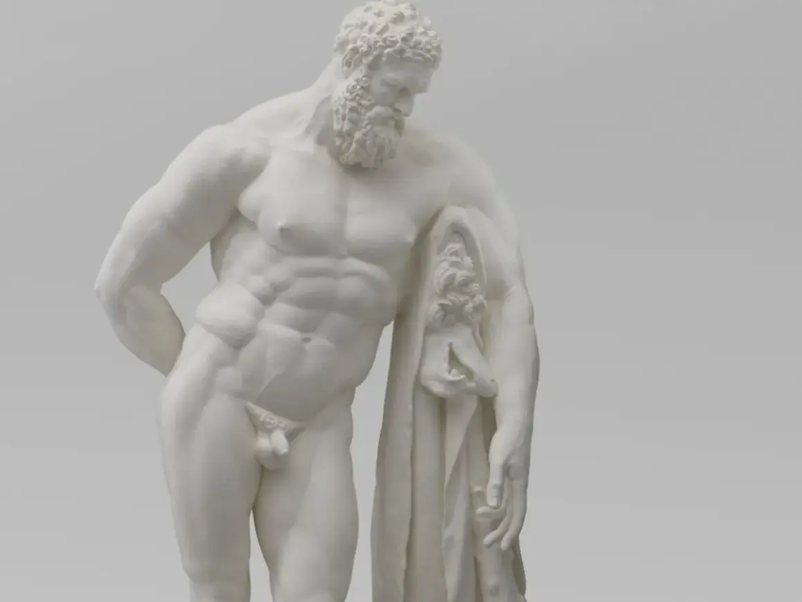 De Farnese Hercules, een marmeren beeld van een gespierde man met baard, leunt vermoeid op zijn knuppel, de huid van de Nemeïsche leeuw over zijn arm.