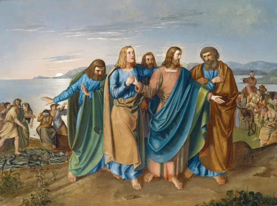 Jezus leidt zijn discipelen, waaronder Petrus, langs de zee. Een menigte volgt hen, sommigen met ezels.
