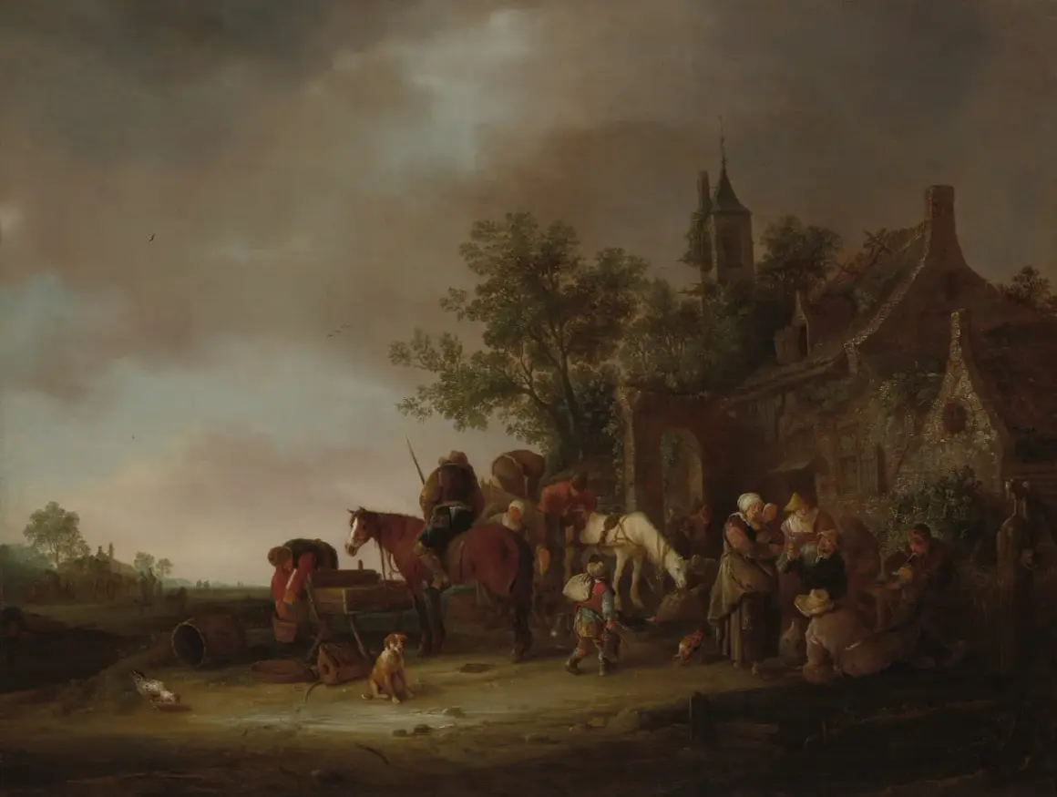 Een levendige scène van Van Ostade met mensen, paarden en kippen bij een herberg, onder een dramatische hemel.
